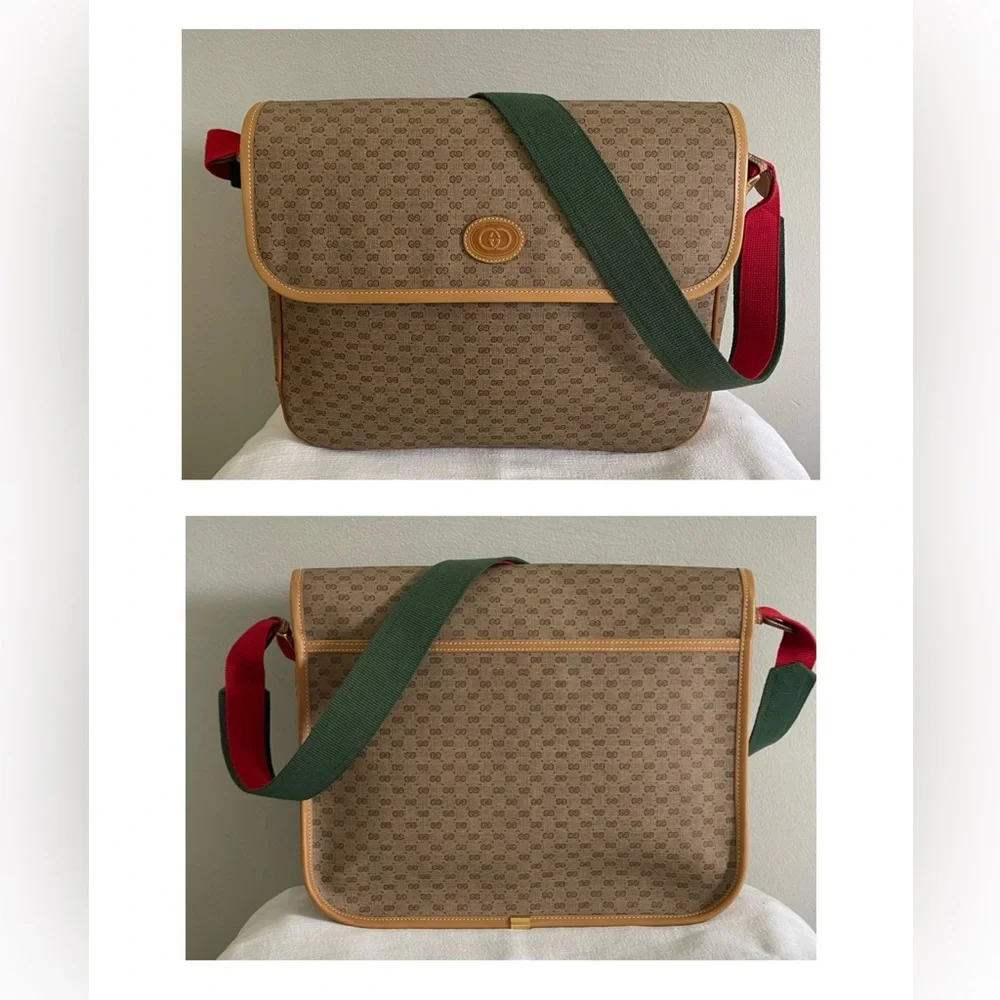 Pristine Vtg Gucci Tan PVC Micro GG Monogram Messenger Shoulder Bag & Pouch - Picture 3 of 16